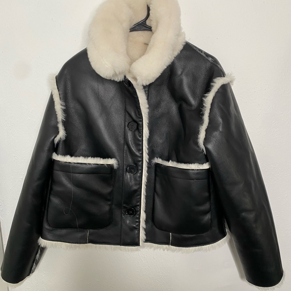 kate spade Black Leather Jacket with Cream Shearling